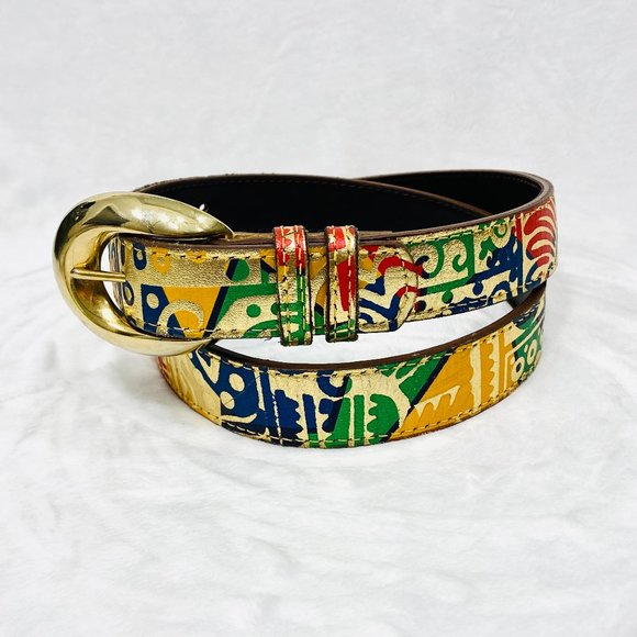 Vintage Metallic Gold Leather Belt w/Print - Picture 2 of 6